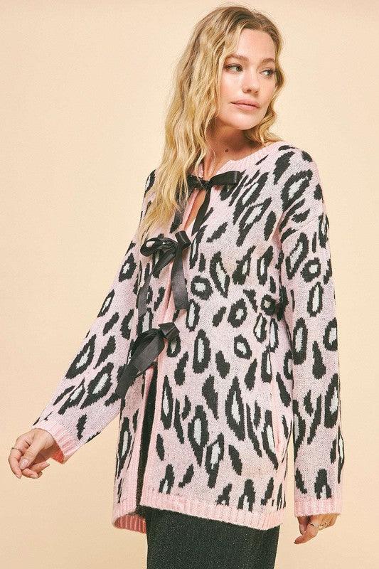 Leopard Ribbon Tie Front Loose Fit Cardigan - Wildflower Hippies