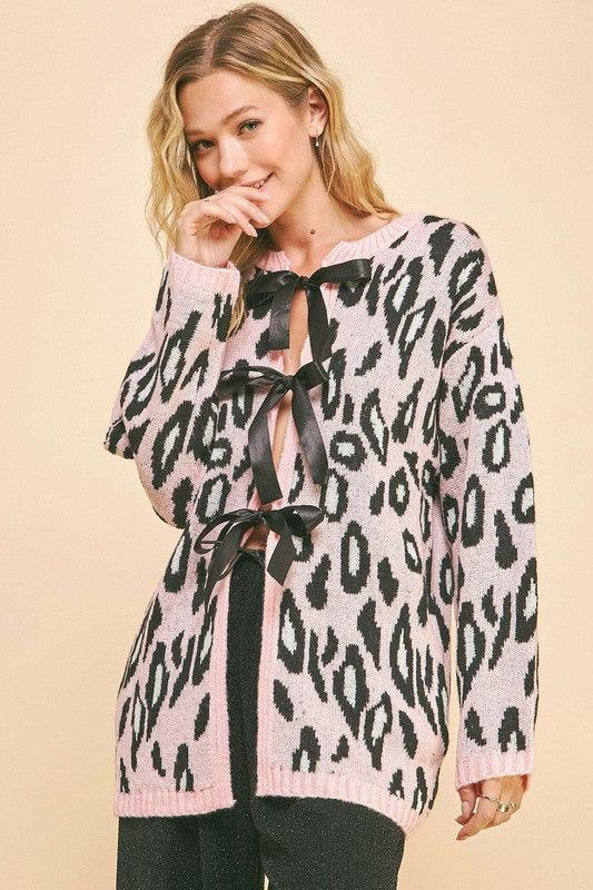 Leopard Ribbon Tie Front Loose Fit Cardigan - Wildflower Hippies