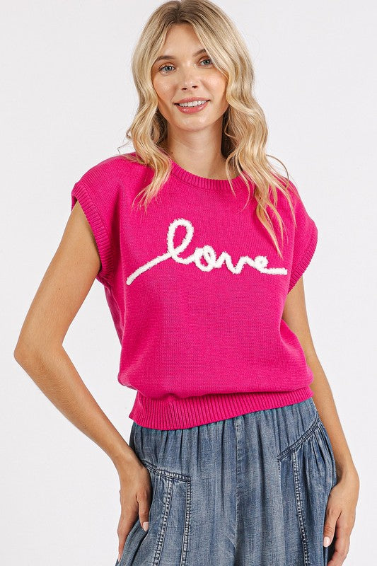 LOVE Contrast Letter Round Neck Cap Sleeve Knit Top - Wildflower Hippies