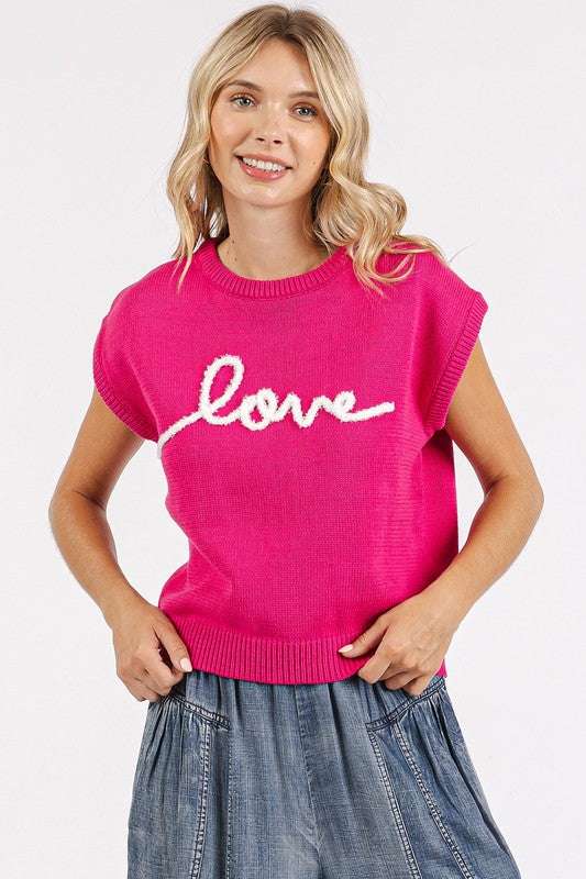 LOVE Contrast Letter Round Neck Cap Sleeve Knit Top - Wildflower Hippies