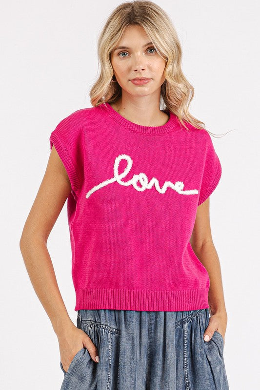 LOVE Contrast Letter Round Neck Cap Sleeve Knit Top - Wildflower Hippies