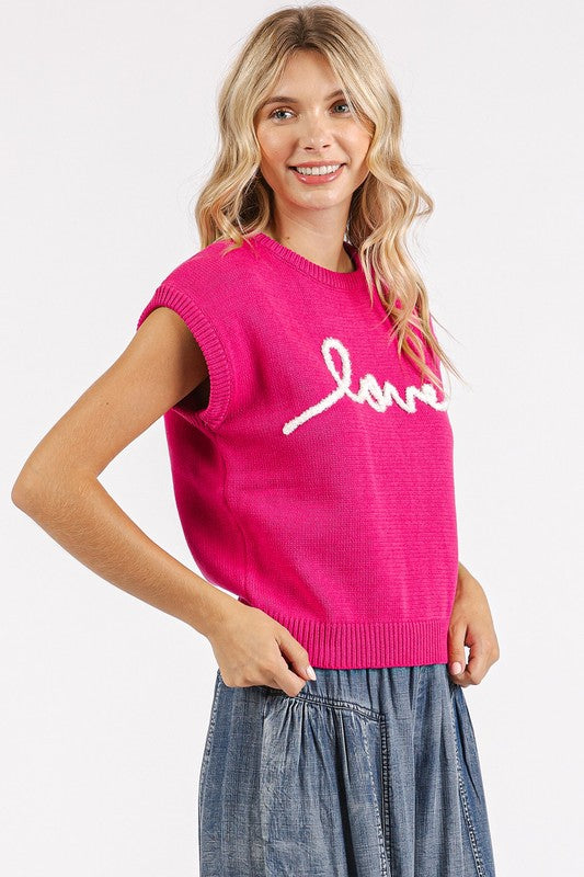 LOVE Contrast Letter Round Neck Cap Sleeve Knit Top - Wildflower Hippies