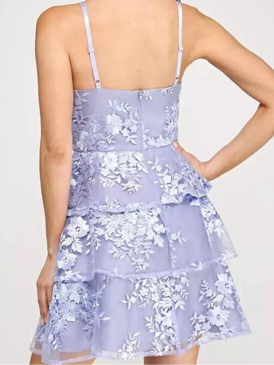 BCX Lavender Floral Embroidered Tiered Mini Dress