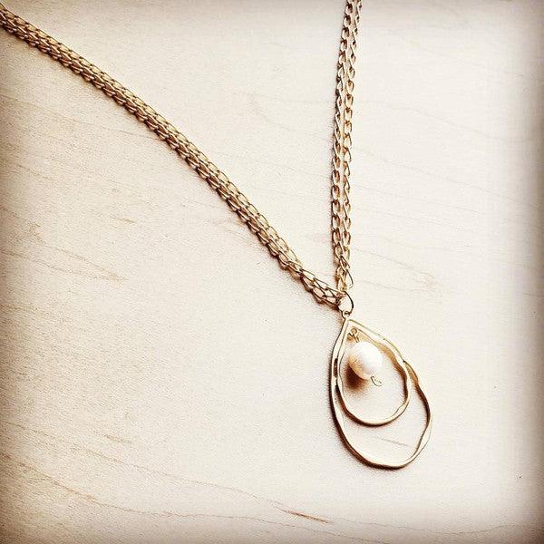 Matte Gold Necklace w/ Double Hoop Pearl Pendant - Wildflower Hippies