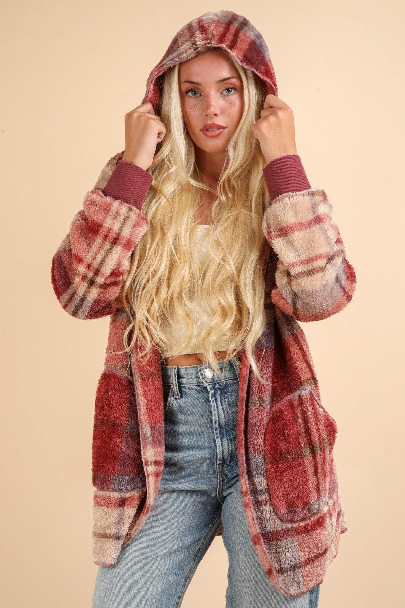 Mauve Fuzzy Plaid Long Sleeve Hooded Jacket - Wildflower Hippies