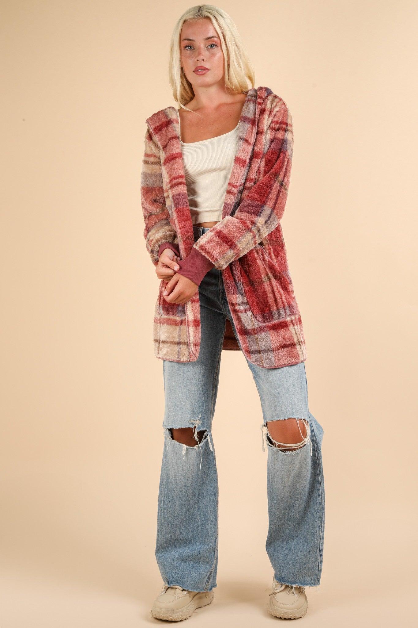 Mauve Fuzzy Plaid Long Sleeve Hooded Jacket - Wildflower Hippies