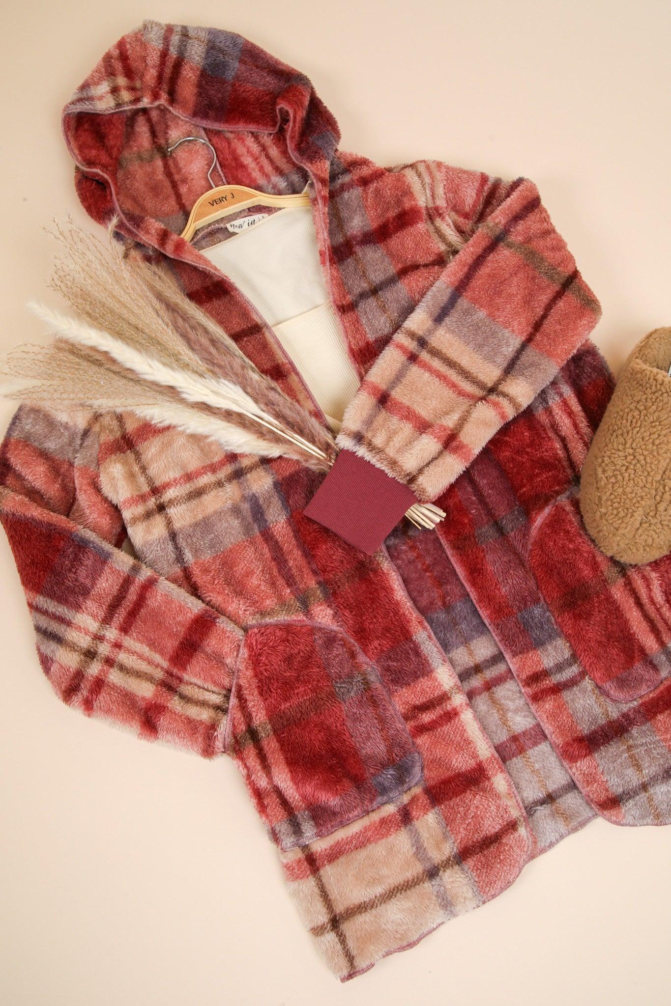 Mauve Fuzzy Plaid Long Sleeve Hooded Jacket - Wildflower Hippies