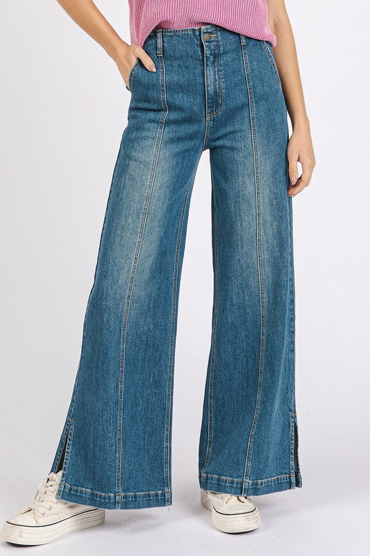 Medium Wash Seam Detail Wide Leg Denim Jeans - Wildflower Hippies