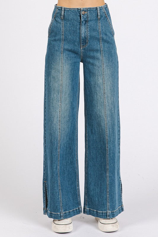 Medium Wash Seam Detail Wide Leg Denim Jeans - Wildflower Hippies