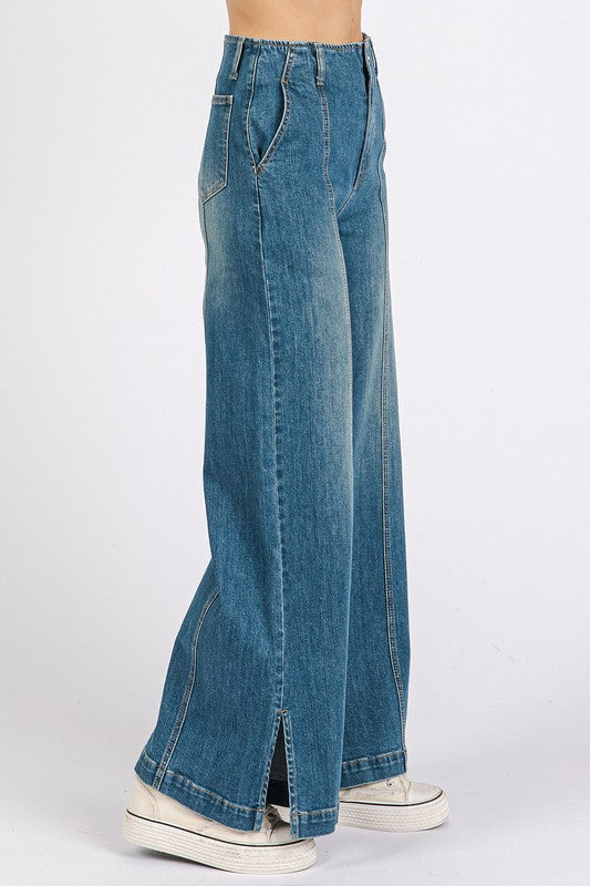 Medium Wash Seam Detail Wide Leg Denim Jeans - Wildflower Hippies