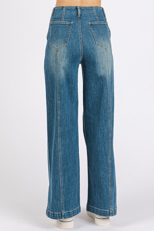 Medium Wash Seam Detail Wide Leg Denim Jeans - Wildflower Hippies