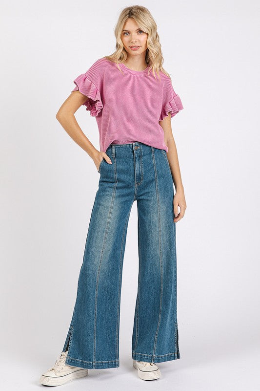 Medium Wash Seam Detail Wide Leg Denim Jeans - Wildflower Hippies