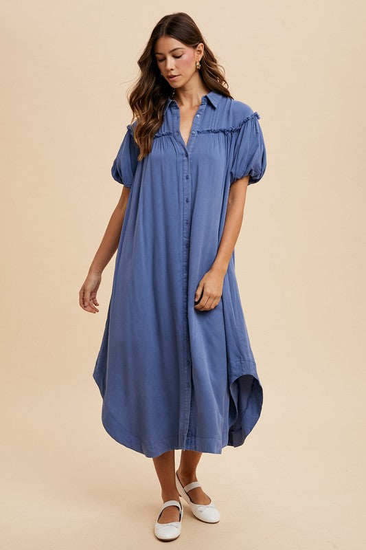 Mineral Washed Button Down Puff Sleeve Shirt Dress - Wildflower Hippies