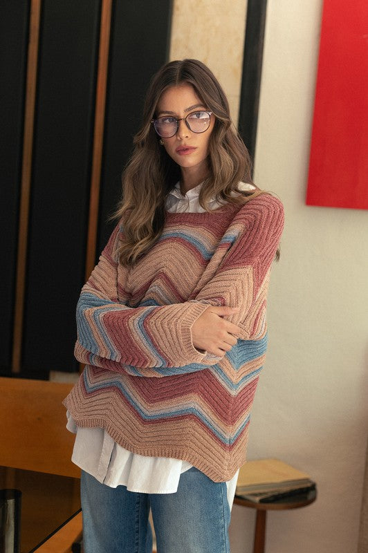 Multi Color Zig-Zag Round Neck Sweater - Wildflower Hippies