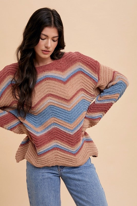 Multi Color Zig-Zag Round Neck Sweater - Wildflower Hippies