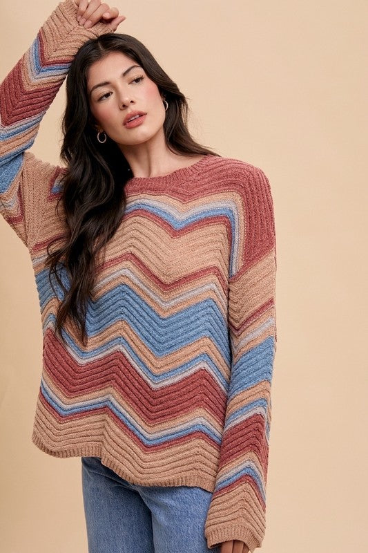 Multi Color Zig-Zag Round Neck Sweater - Wildflower Hippies