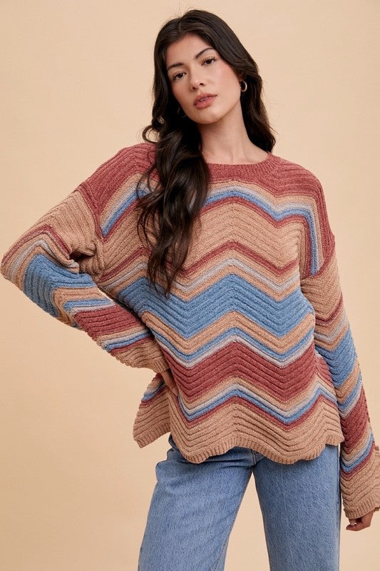 Multi Color Zig-Zag Round Neck Sweater - Wildflower Hippies