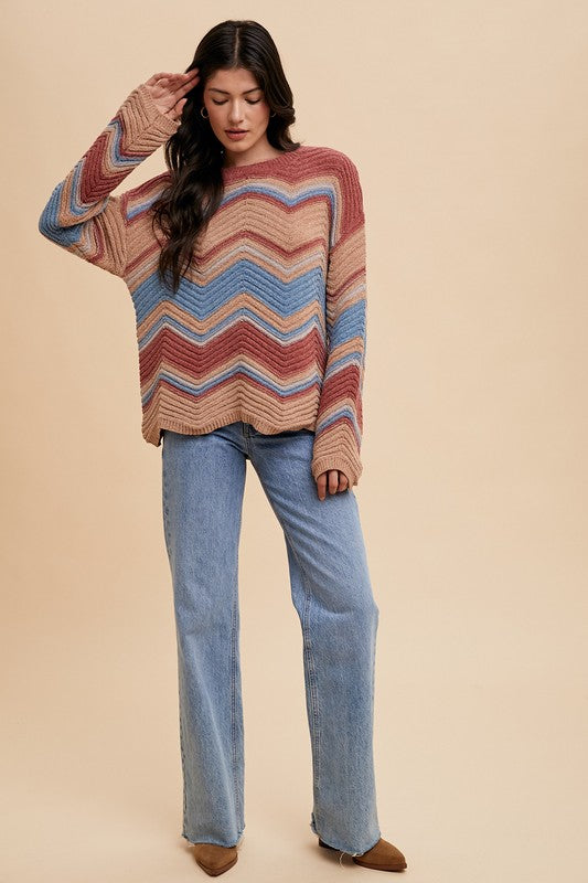 Multi Color Zig-Zag Round Neck Sweater - Wildflower Hippies