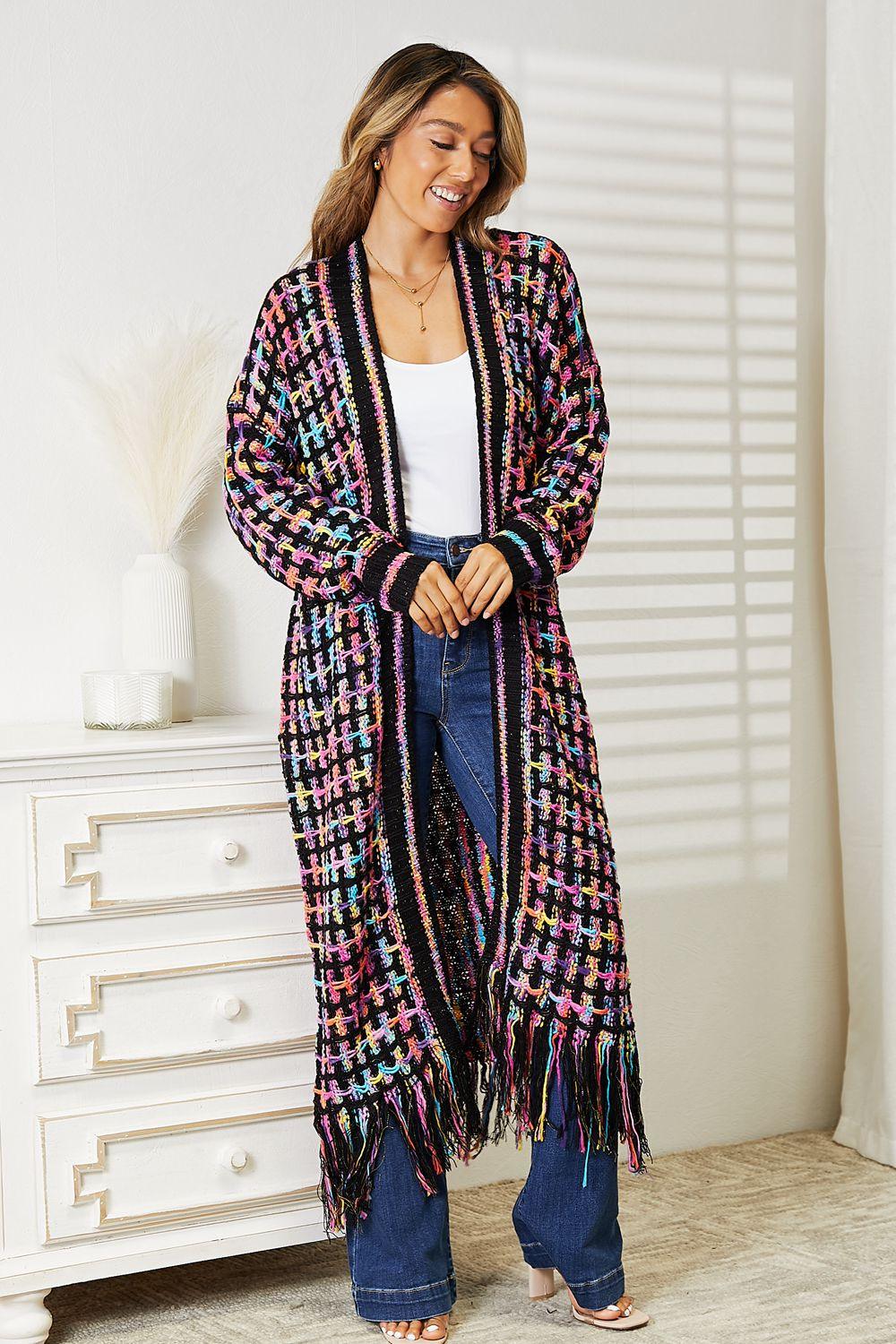 Multicolored Open Front Fringe Hem Cardigan - Wildflower Hippies