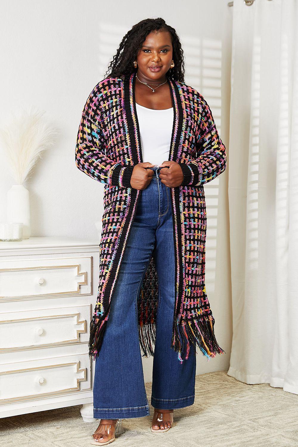 Multicolored Open Front Fringe Hem Cardigan - Wildflower Hippies