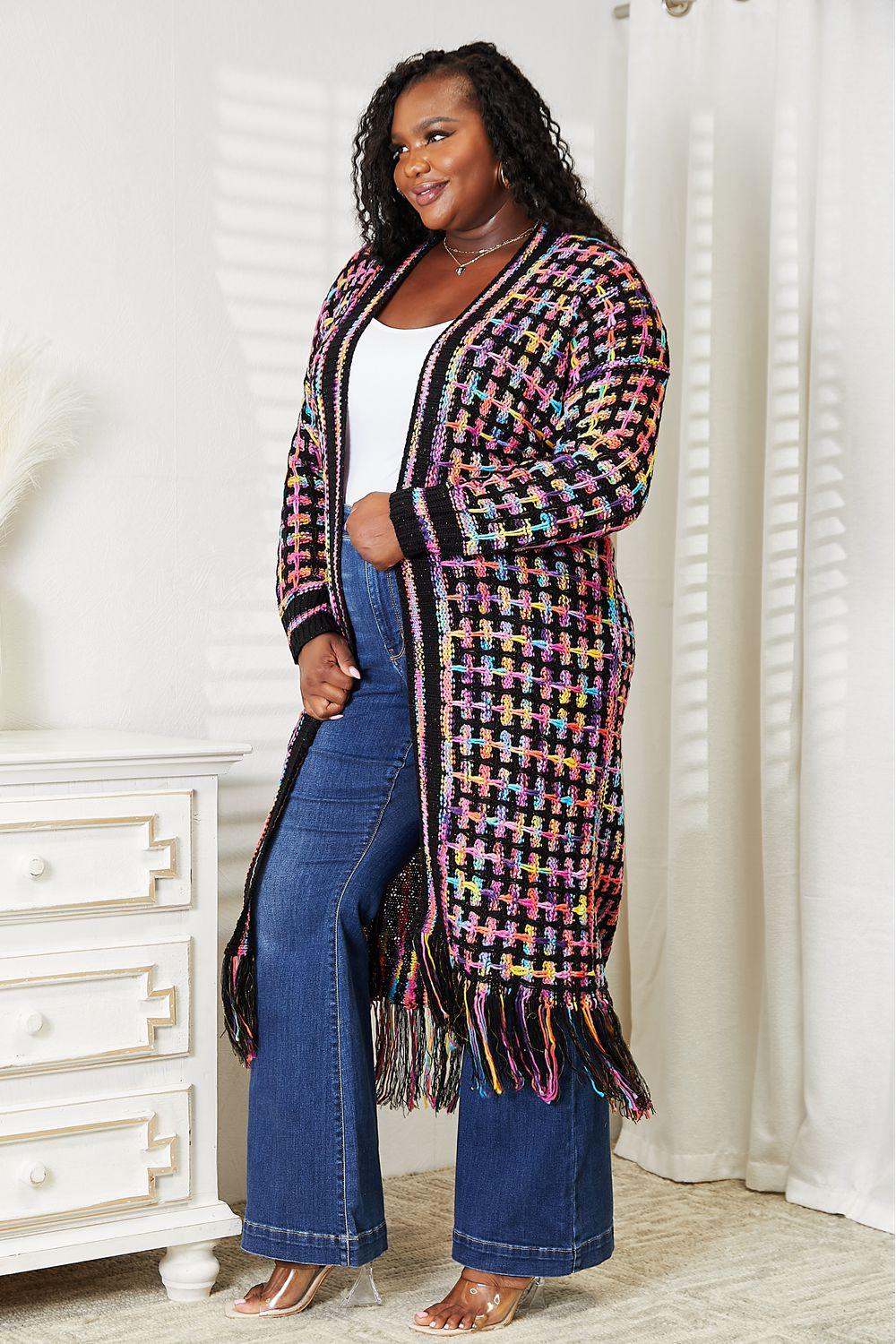 Multicolored Open Front Fringe Hem Cardigan - Wildflower Hippies