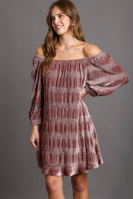 Off-Shoulder Balloon Sleeve Velvet Mini Dress - Wildflower Hippies