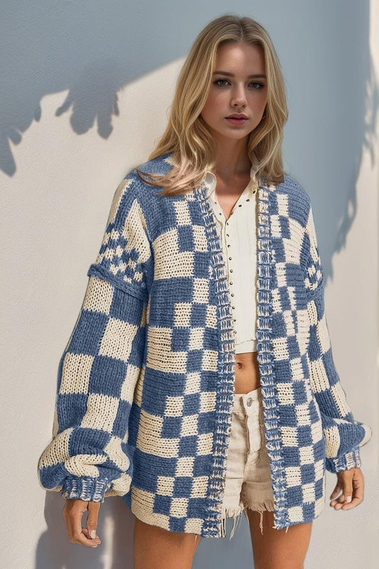 Open Front Checkered Drop Shoulder Cardigan - Wildflower Hippies