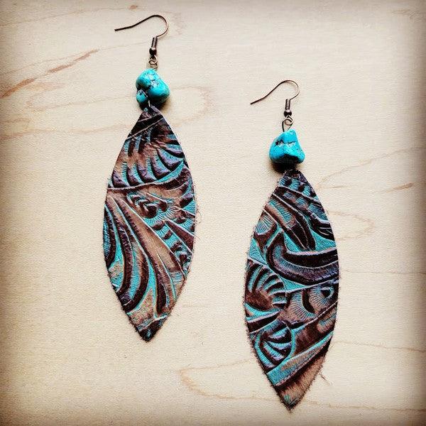 Oval Earrings in Brown Floral w/ Turquoise Accent - Wildflower Hippies