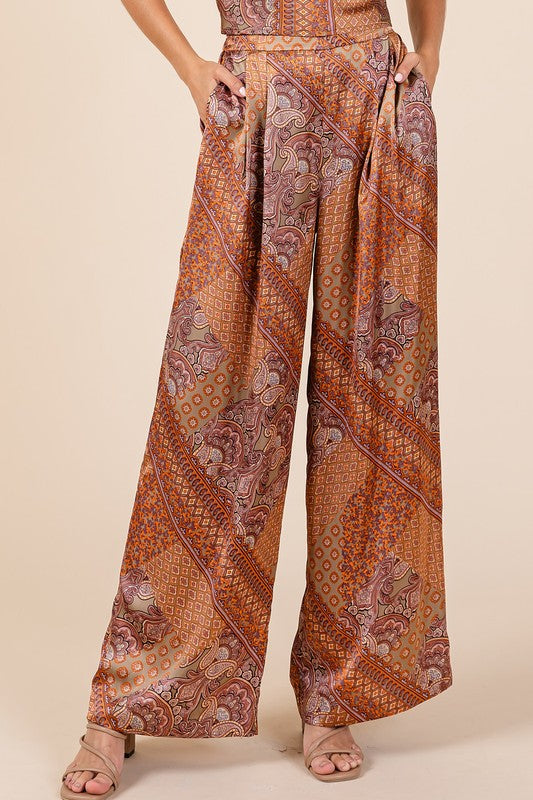 Paisley Patchwork Print Satin Wide Leg Pants - Wildflower Hippies