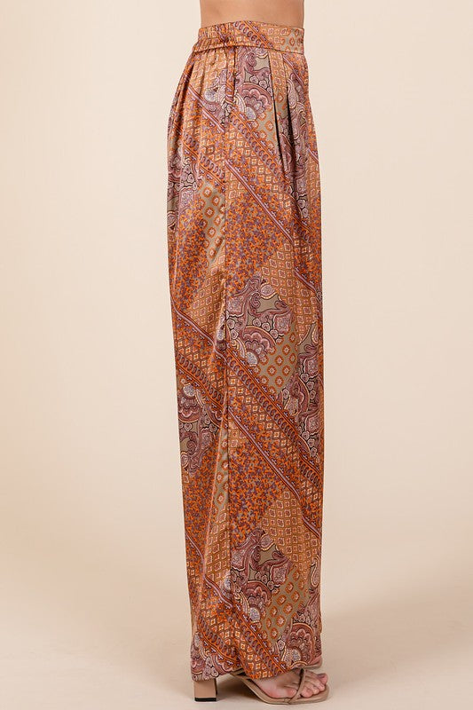 Paisley Patchwork Print Satin Wide Leg Pants - Wildflower Hippies