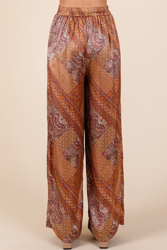 Paisley Patchwork Print Satin Wide Leg Pants - Wildflower Hippies