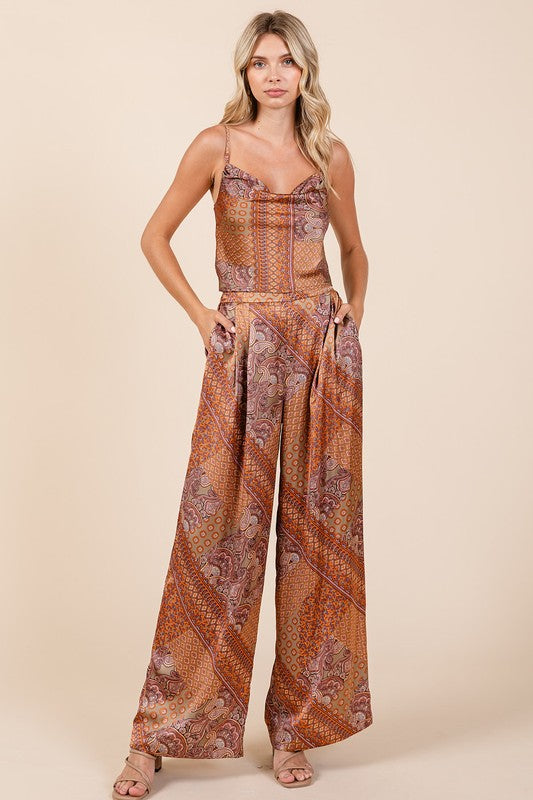 Paisley Patchwork Print Satin Wide Leg Pants - Wildflower Hippies