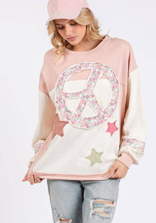 Peace & Star Patch Contrast Round Neck Sweatshirt - Wildflower Hippies