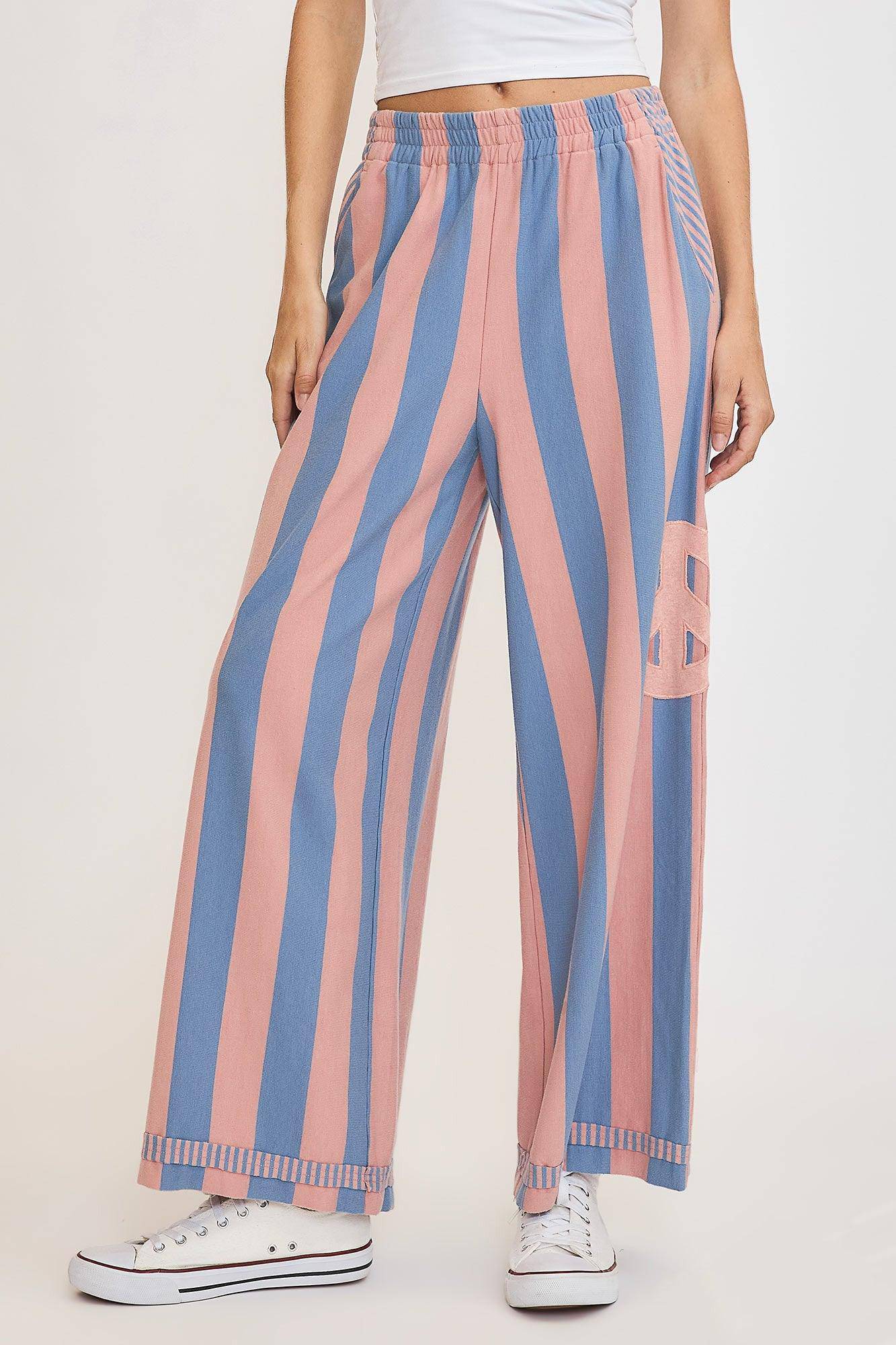 Peace Sign Patch Striped Wide Leg Pants - Wildflower Hippies