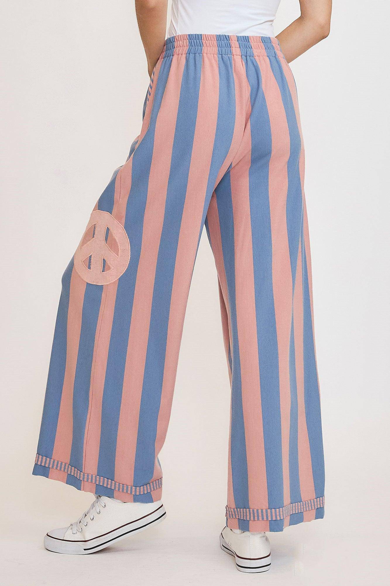 Peace Sign Patch Striped Wide Leg Pants - Wildflower Hippies