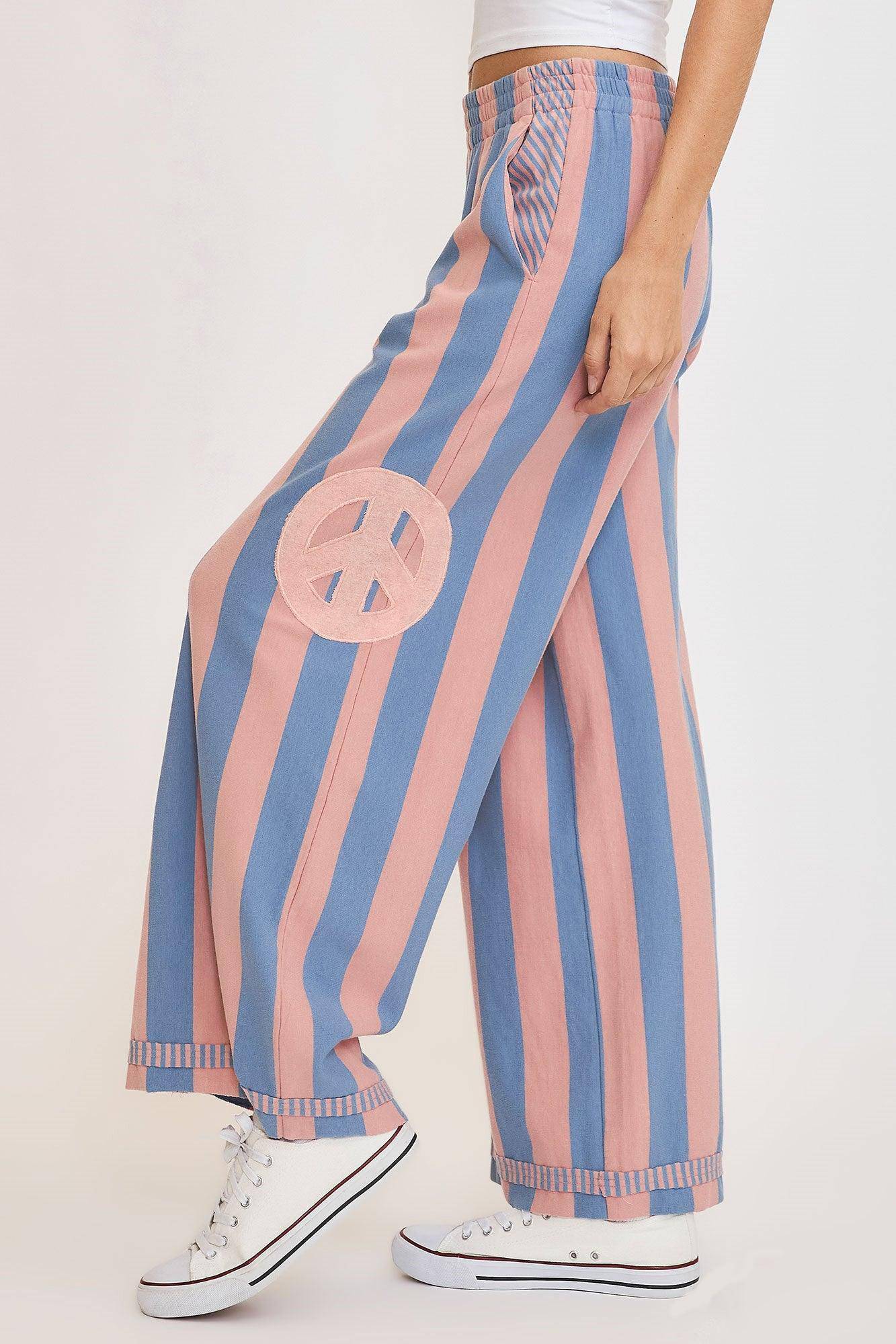 Peace Sign Patch Striped Wide Leg Pants - Wildflower Hippies