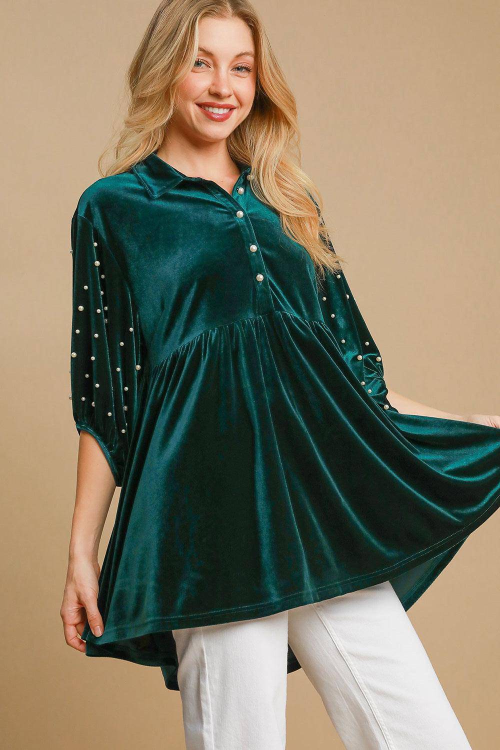 Pearl Detail Half Sleeve Velvet Babydoll Blouse - Wildflower Hippies