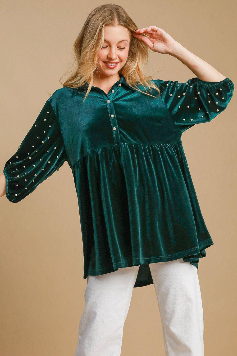 Pearl Detail Half Sleeve Velvet Babydoll Blouse - Wildflower Hippies