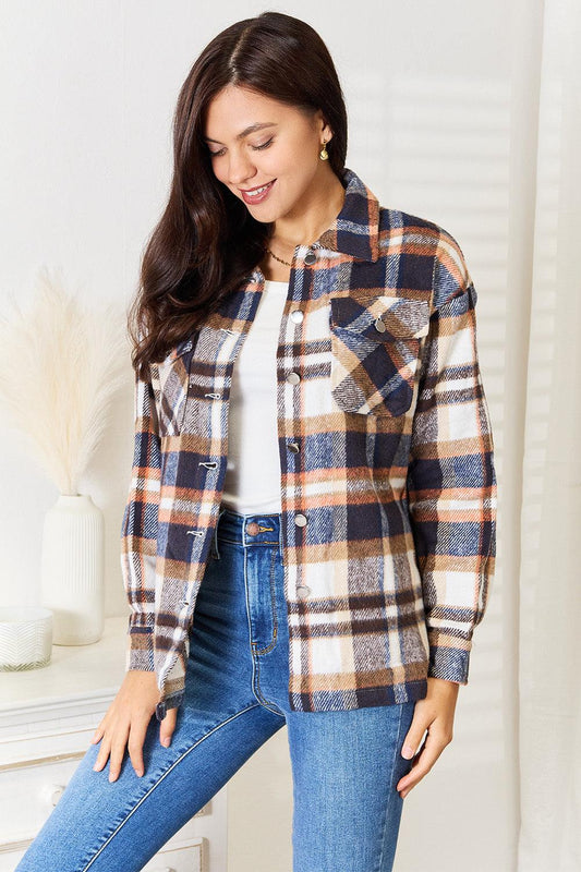 Plaid Button Front Shirt Jacket with Breast Pockets - Wildflower Hippies