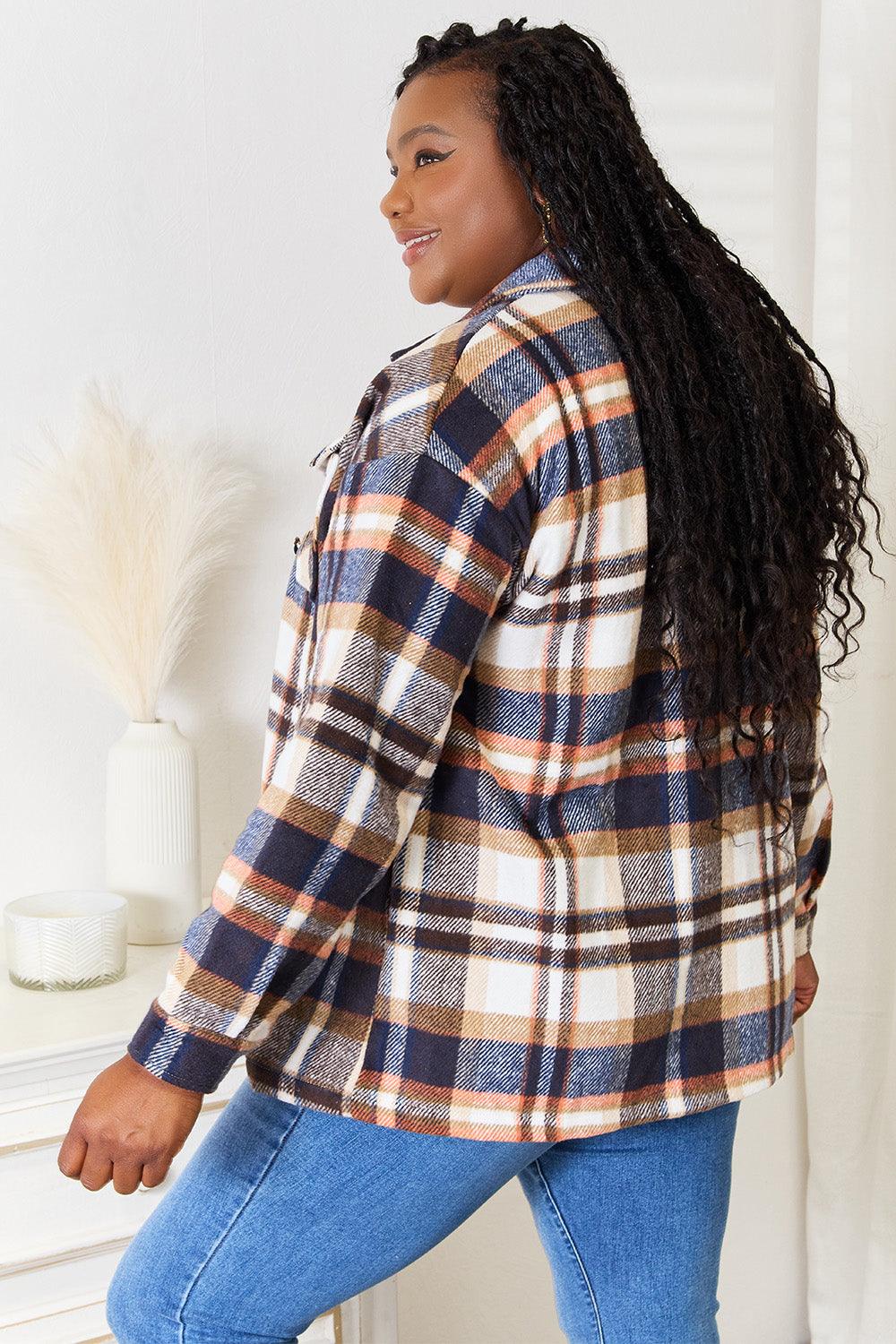 Plaid Button Front Shirt Jacket with Breast Pockets - Wildflower Hippies