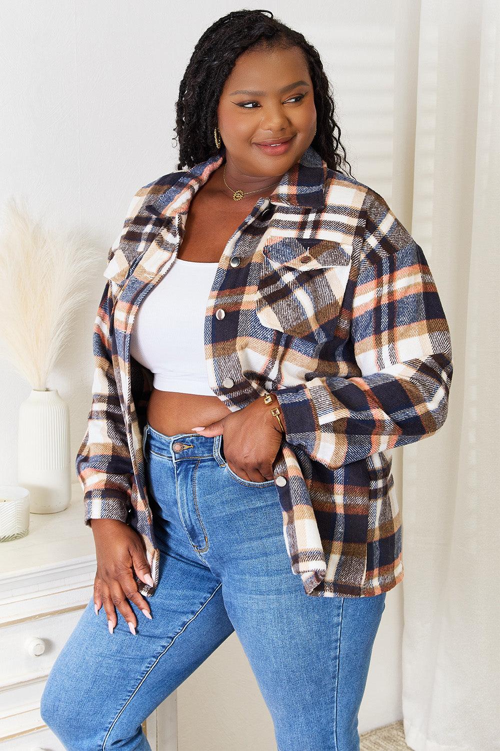 Plaid Button Front Shirt Jacket with Breast Pockets - Wildflower Hippies