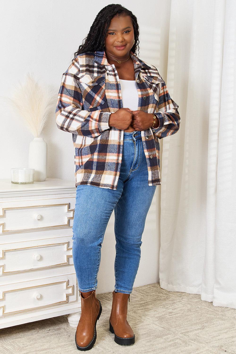 Plaid Button Front Shirt Jacket with Breast Pockets - Wildflower Hippies