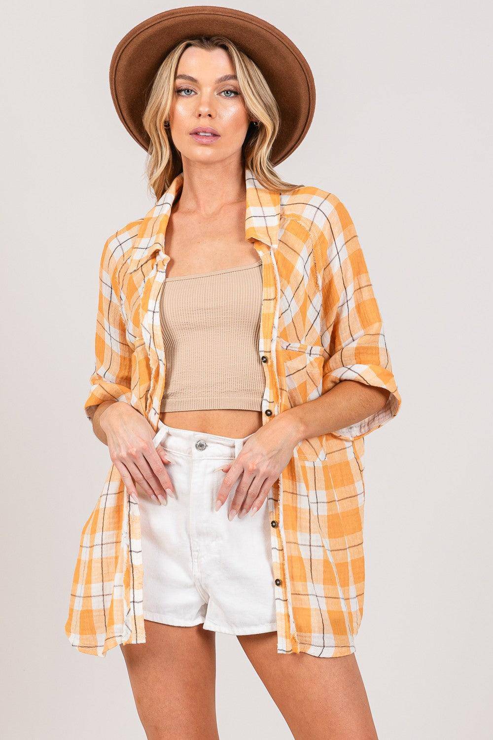 Plaid Button Up Side Slit Shirt - Wildflower Hippies