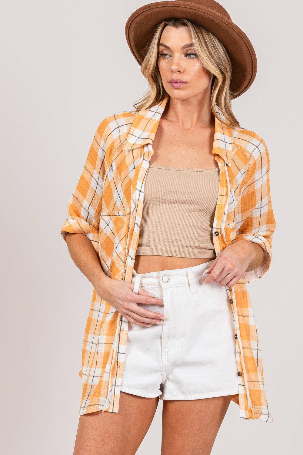 Plaid Button Up Side Slit Shirt - Wildflower Hippies