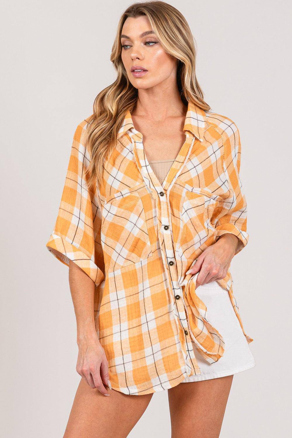 Plaid Button Up Side Slit Shirt - Wildflower Hippies