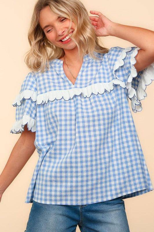 Plaid Scallop Hem Notched Short Sleeve Blouse - Wildflower Hippies