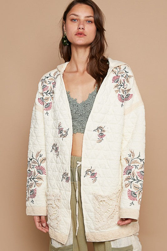 POL Embroidered Open Front Quilted Jacket with Crochet Pockets - Wildflower Hippies