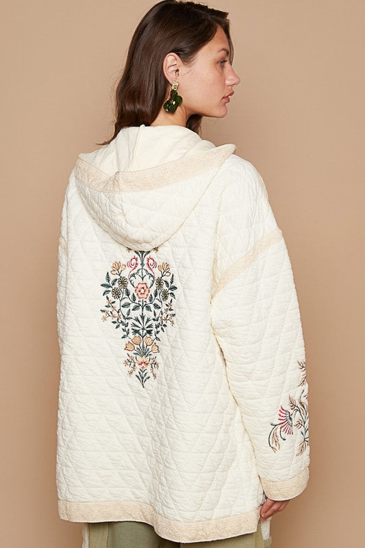 POL Embroidered Open Front Quilted Jacket with Crochet Pockets - Wildflower Hippies