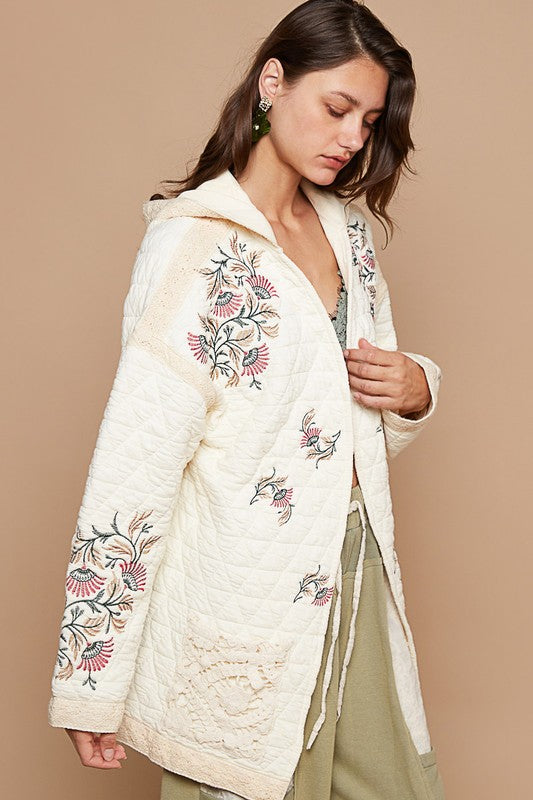 POL Embroidered Open Front Quilted Jacket with Crochet Pockets - Wildflower Hippies