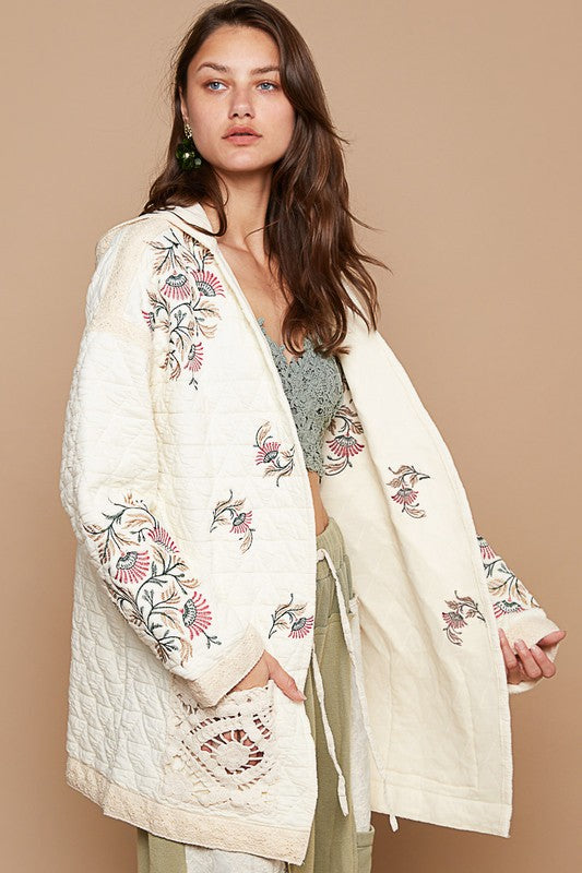 POL Embroidered Open Front Quilted Jacket with Crochet Pockets - Wildflower Hippies